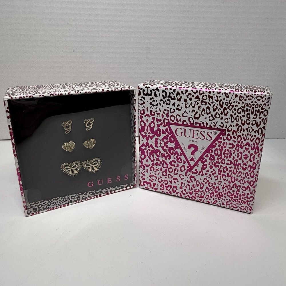 GUESS 3 Pair Gold Tone Rhinestone Earring Gift Box Set New